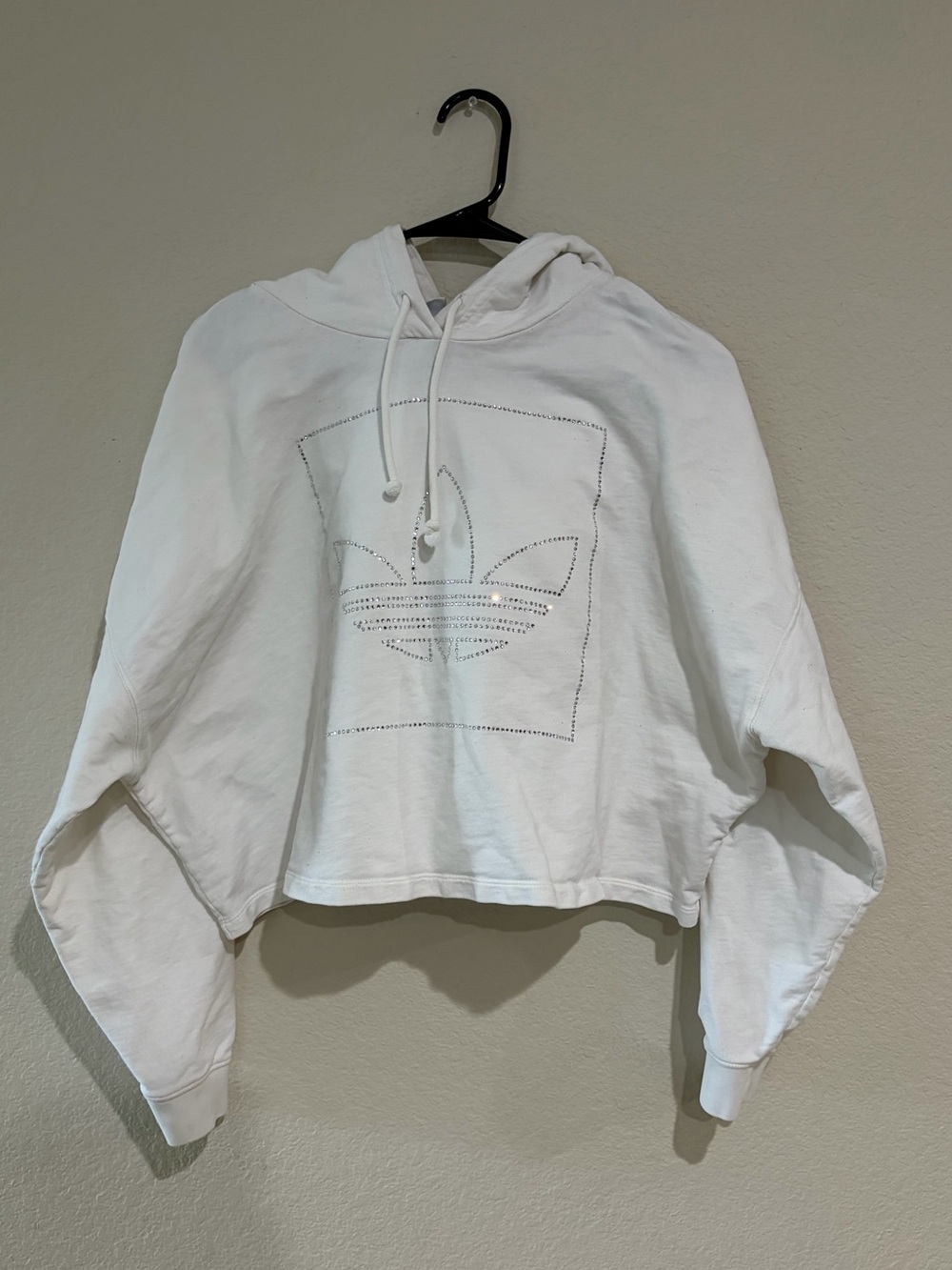 Adidas Originals Womens L Rhinestone Trefoil Cropped Hoodie White Oversized Blin